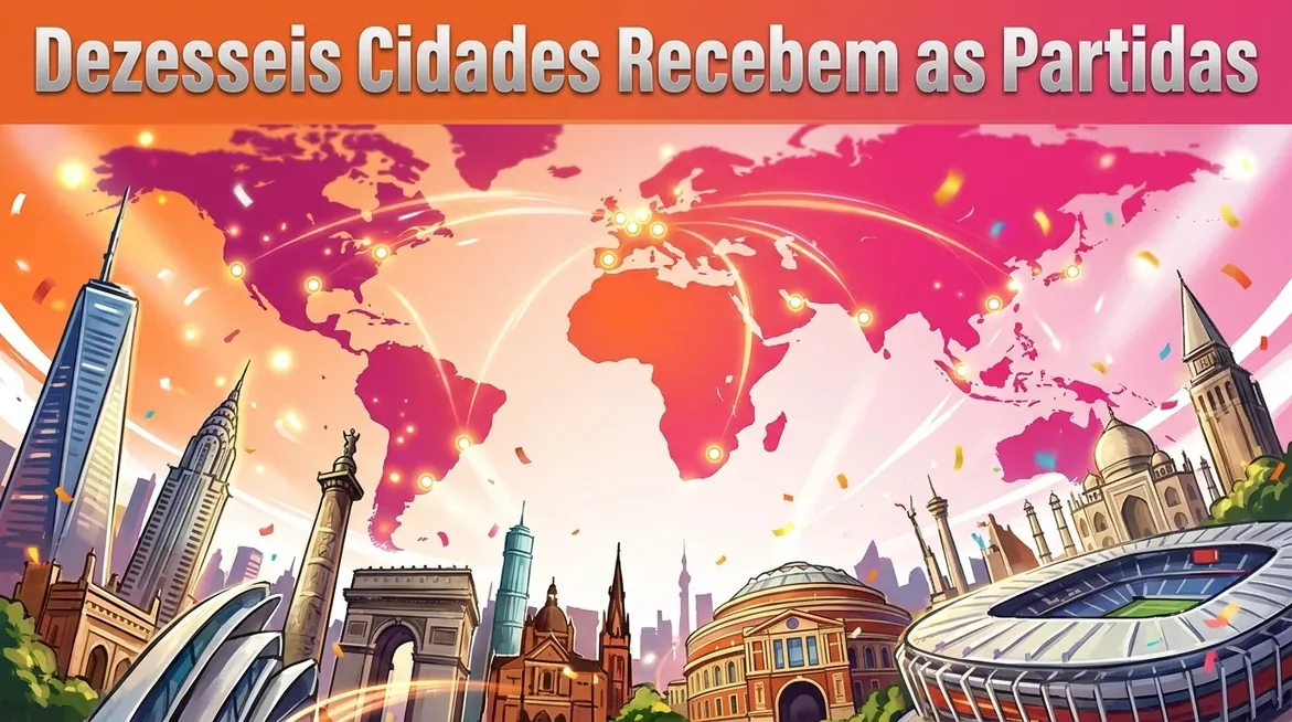 Mosaico vibrante de marcos urbanos globais representando as cidades-sede da Copa.