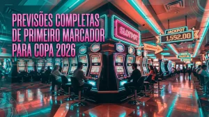 Jogadores silhuetados em um andar de cassino neon, prevendo o primeiro marcador da Copa 2026.